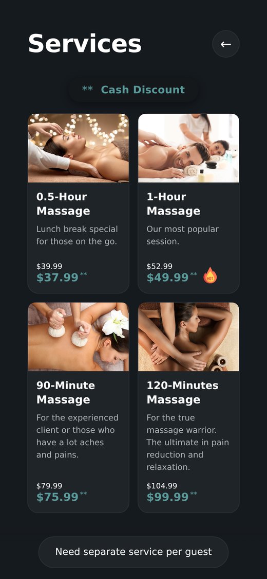 Booking page: service menu with cash and card prices